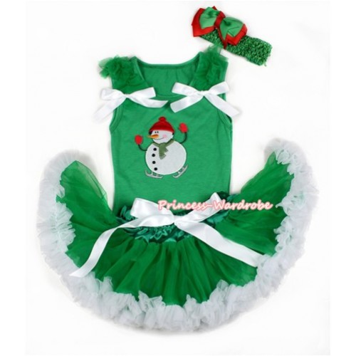 Xmas Kelly Green Baby Pettitop with Ice-Skating Snowman Print with Kelly Green Ruffles & White Bow with Kelly Green White Newborn Pettiskirt BG101 